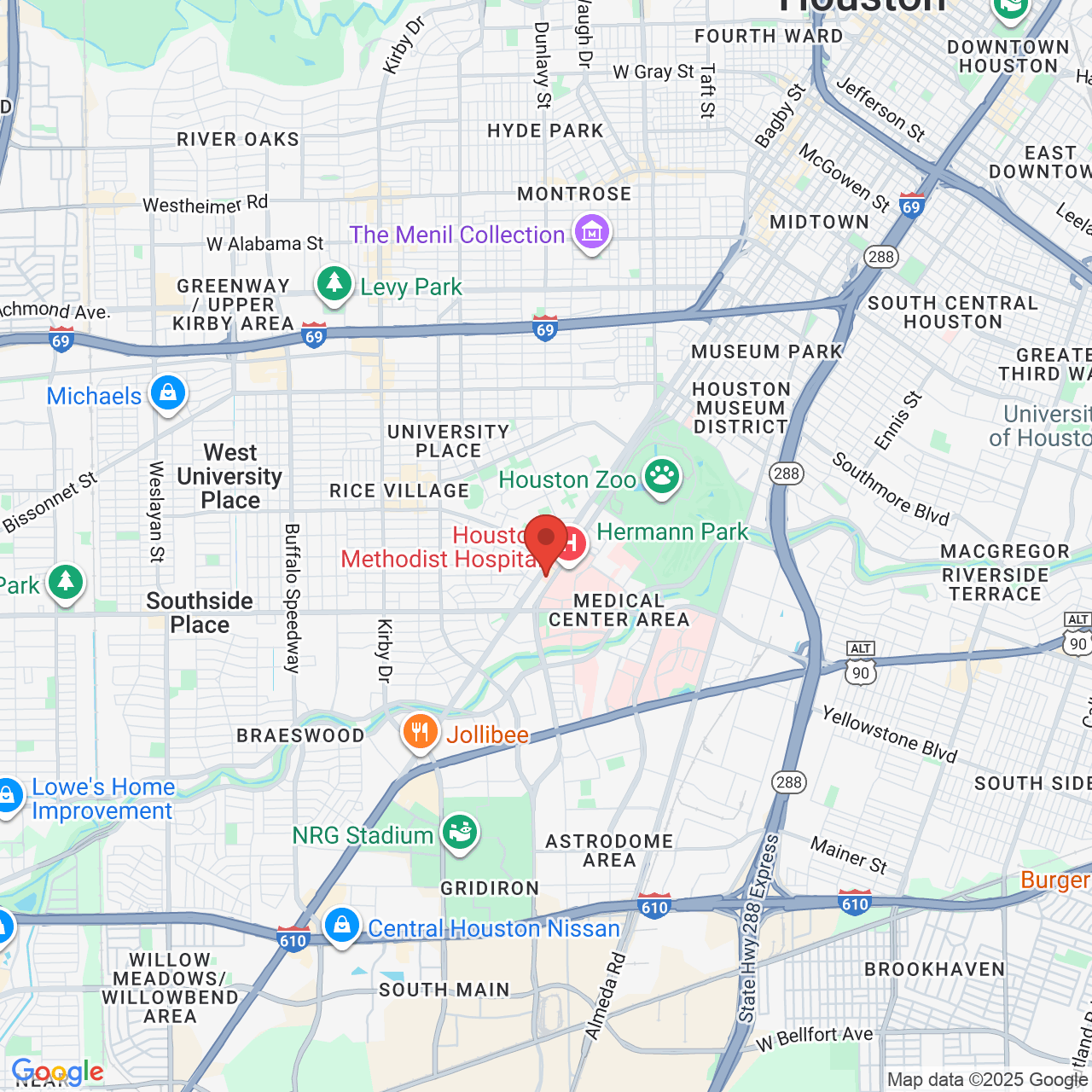 Google map image of our location in 6624 Fannin St Houston, TX